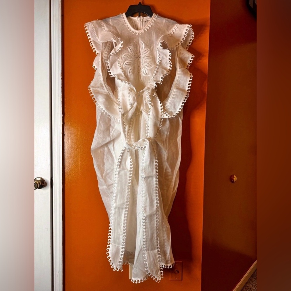 NWOT Zimmermann Linen Blend Balance Embroidered Dress in Ivory. Size S